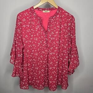 Timeson Deep Rose Pink & White Speckled Blouse with Sheer Sleeves Women's Size L